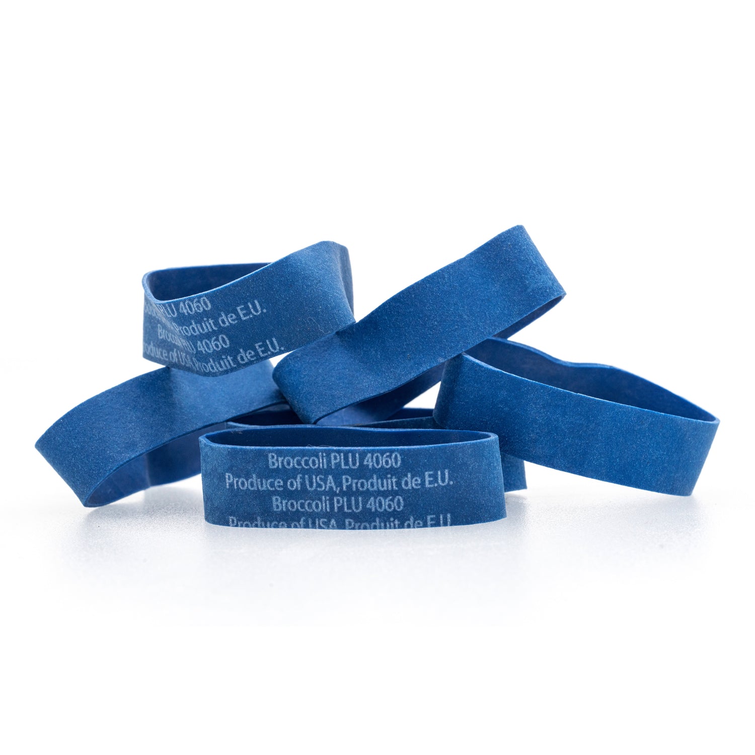 Broccoli Rubber Bands | Bilingual Blue, 25lbs/Case (About 380/lb or 9500/Case)